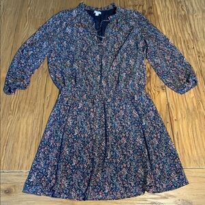 J Crew Mercantile EUC Navy Ditsy Floral Dress Drop Waist Ruffle Tie Collar Front